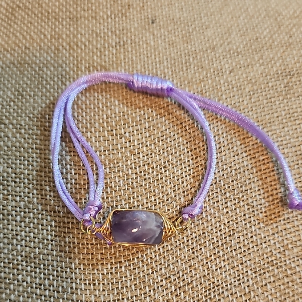 Purple Amethyst Stone Adjustable Bracelet with Gold Accents.